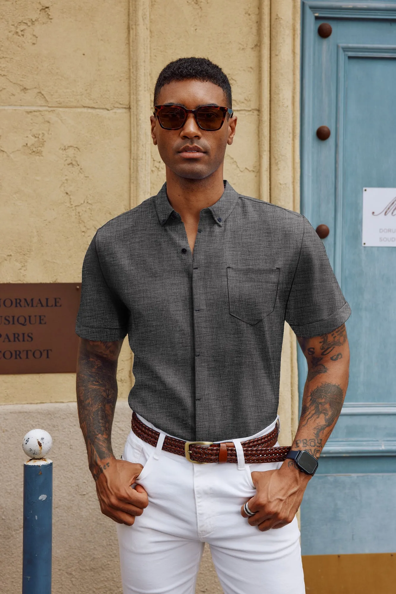 Men Hidden Placket Shirt Short Sleeve Lapel Collar Button-up Tops