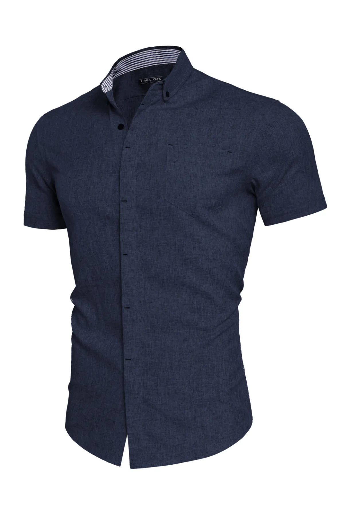 Men Hidden Placket Shirt Short Sleeve Lapel Collar Button-up Tops