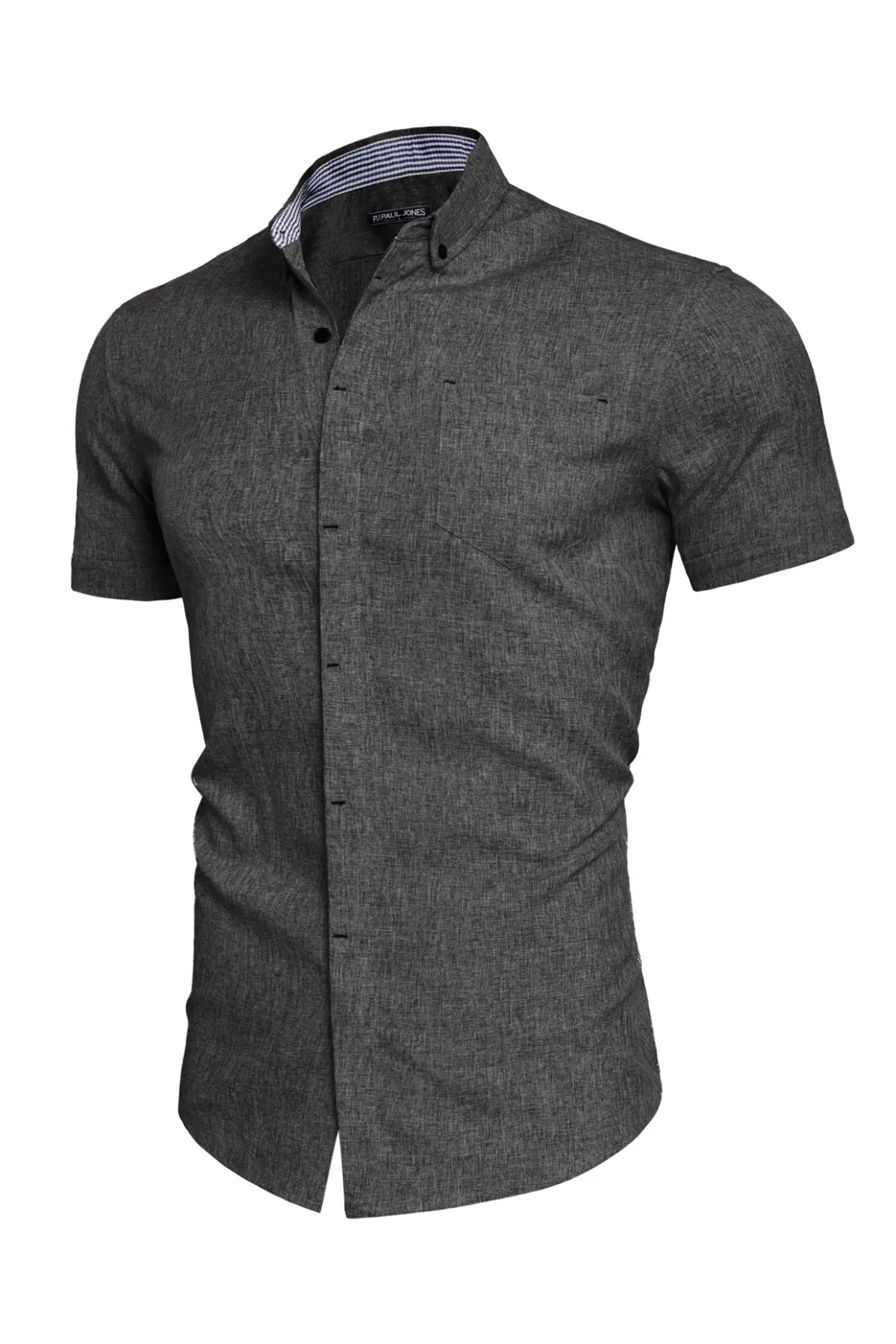 Men Hidden Placket Shirt Short Sleeve Lapel Collar Button-up Tops