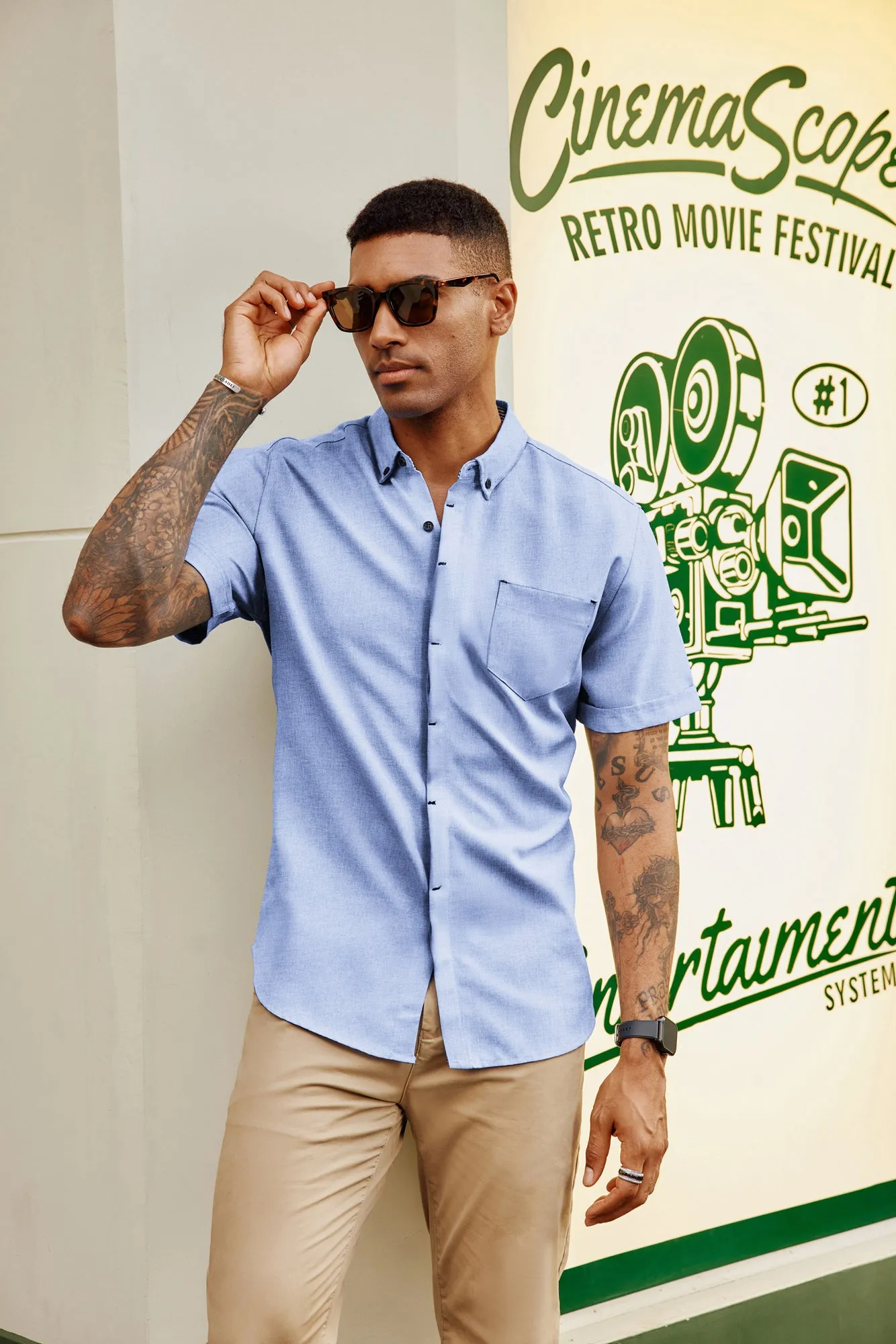 Men Hidden Placket Shirt Short Sleeve Lapel Collar Button-up Tops