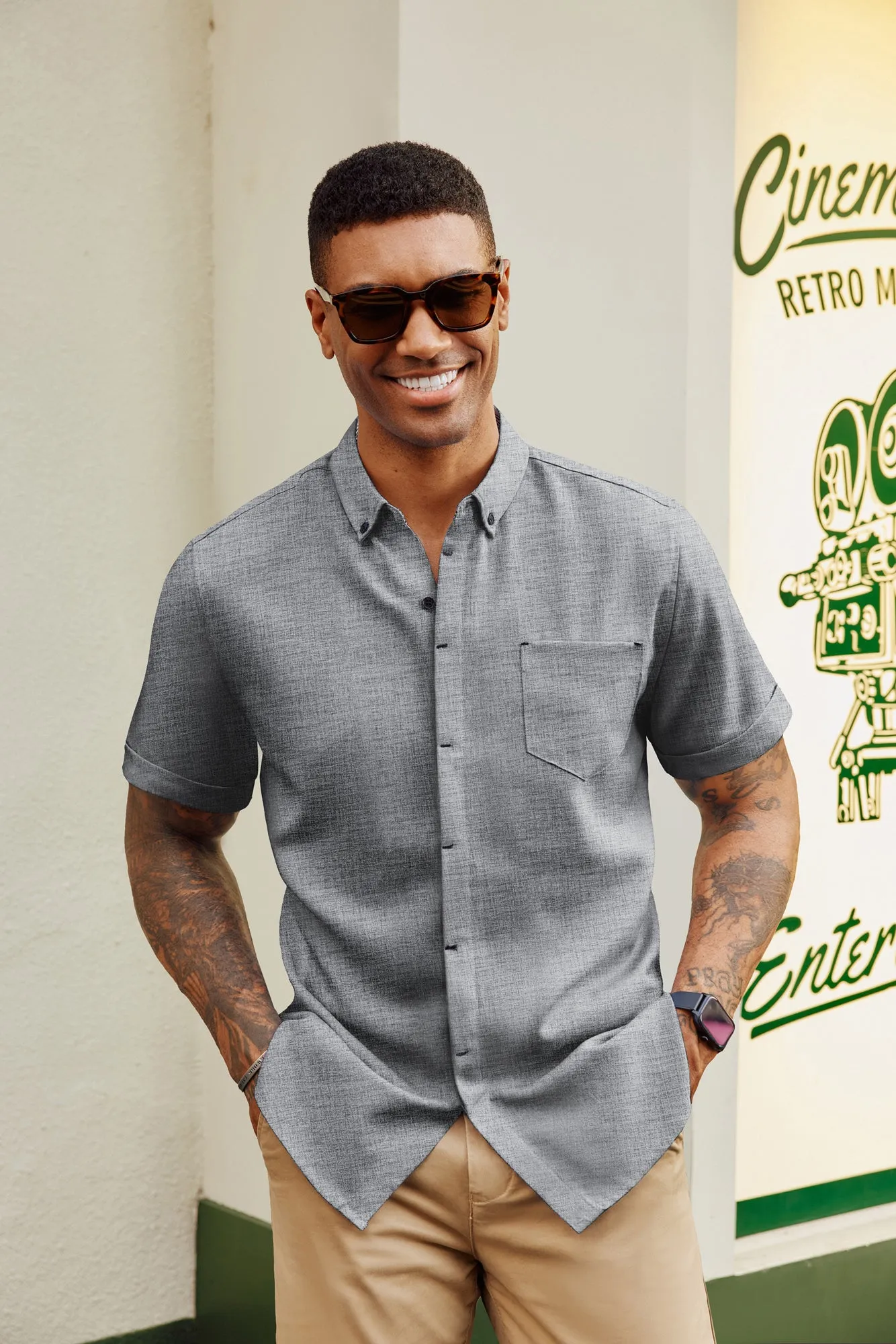 Men Hidden Placket Shirt Short Sleeve Lapel Collar Button-up Tops