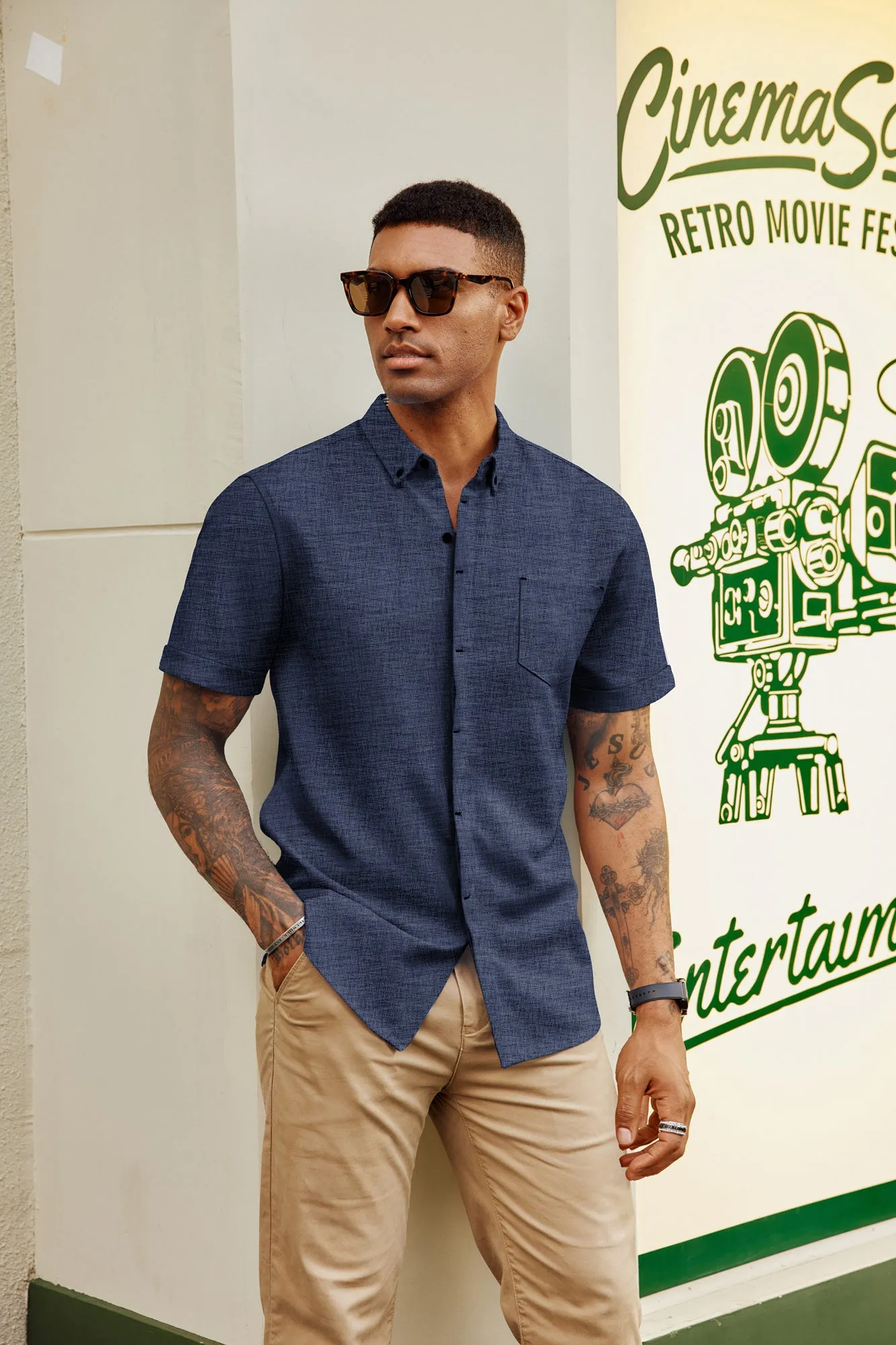 Men Hidden Placket Shirt Short Sleeve Lapel Collar Button-up Tops