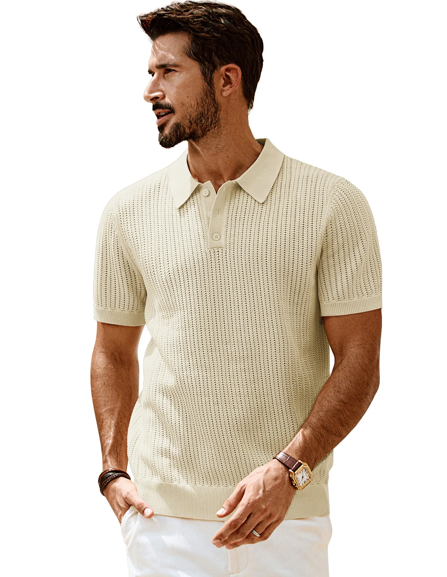 Men Wheatear Textured Polo-Shirt Short Sleeve Lapel Collar Knitwear Tops