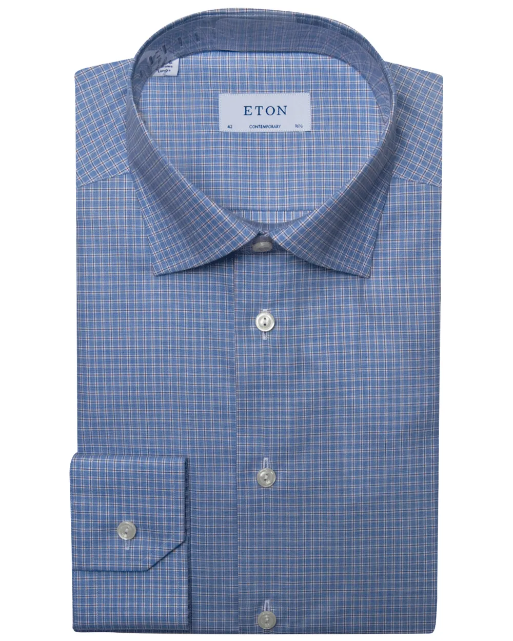 Mid Blue and Red Checked Fine Twill Dress Shirt