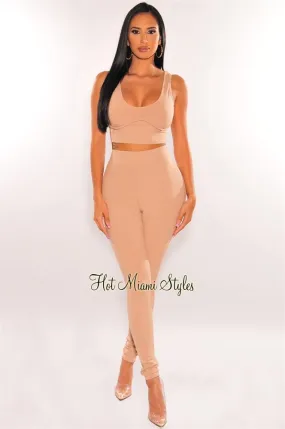 Mocha Ribbed Tank Bustier High Waist Pants Two Piece Set