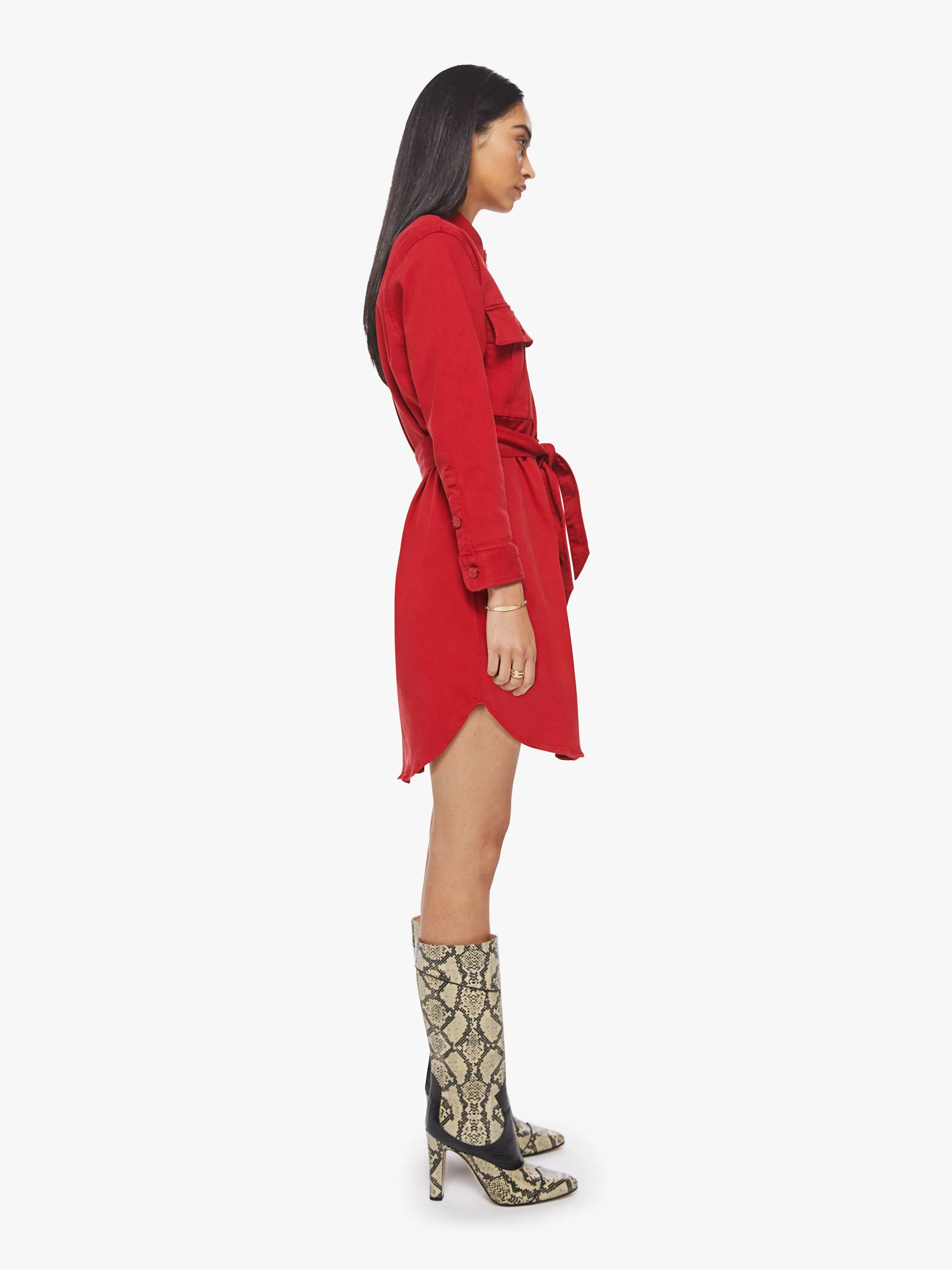 Mother - The Cadet Mini Shirt Dress in Haute Red