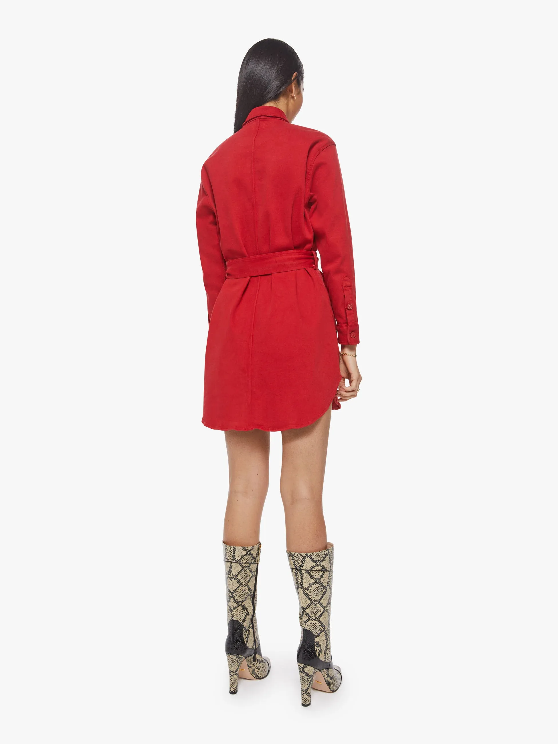Mother - The Cadet Mini Shirt Dress in Haute Red