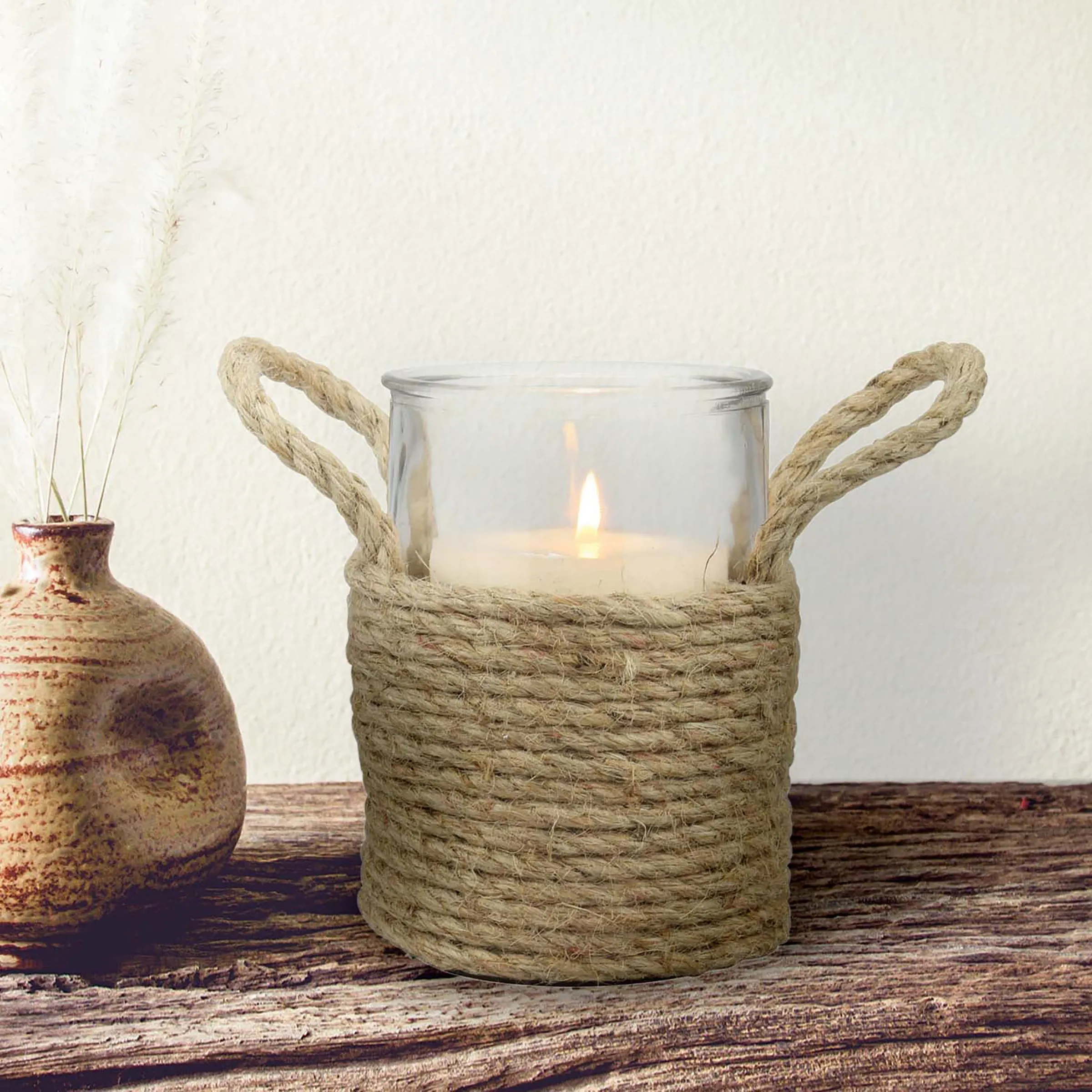 Nautical Rope Wrapped Glass Pillar Holder with Handles (WS)