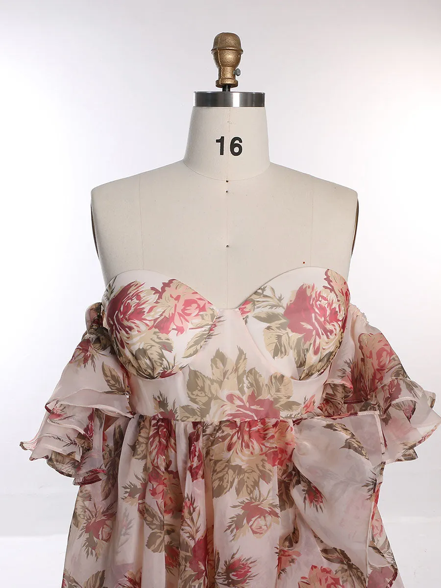 New Print Floral Silk Soft Organza Off Shoulder Wedding Party Dress Photo Shoot Dress Maxi Dress with Long Train YW230323