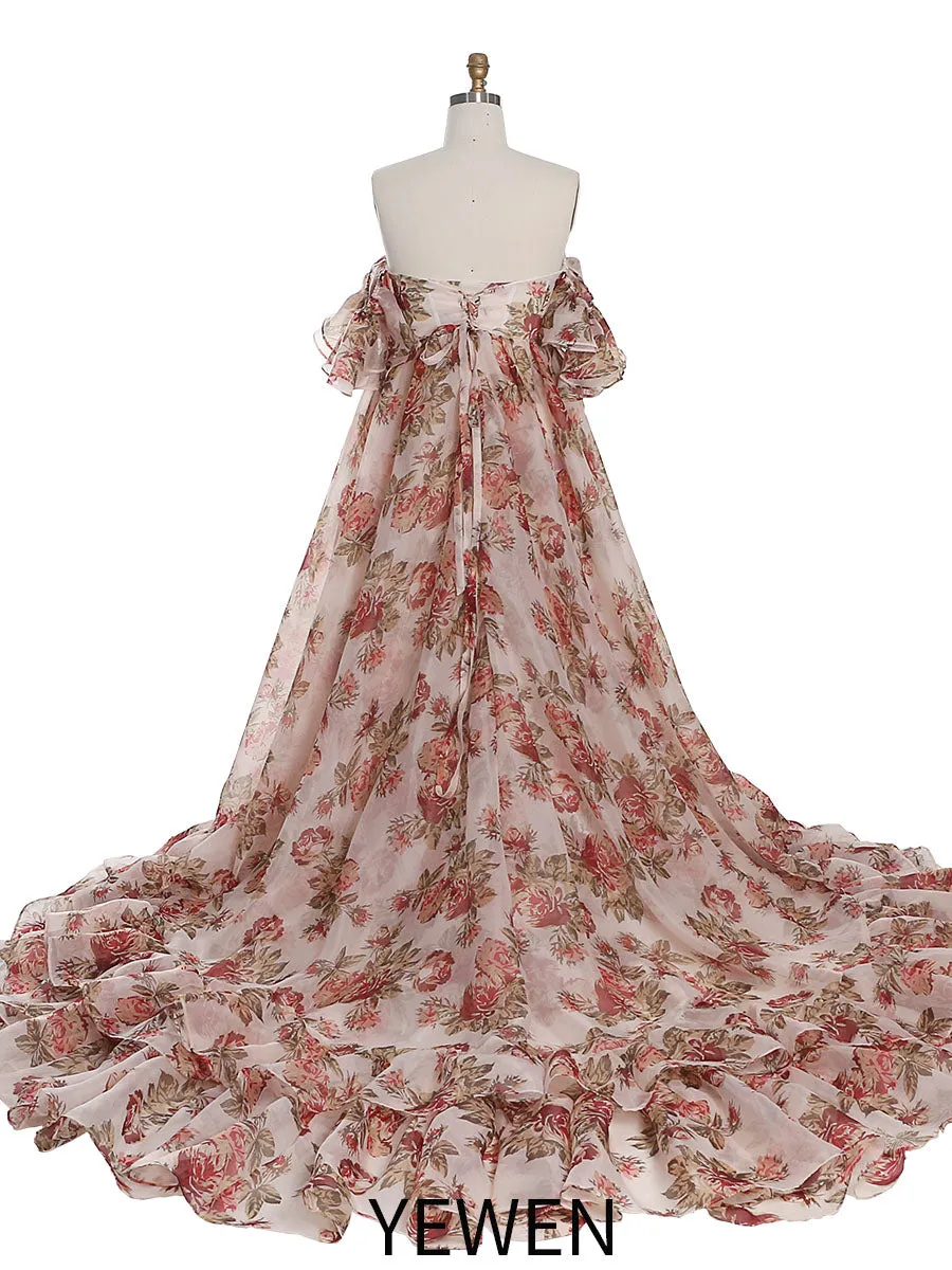 New Print Floral Silk Soft Organza Off Shoulder Wedding Party Dress Photo Shoot Dress Maxi Dress with Long Train YW230323