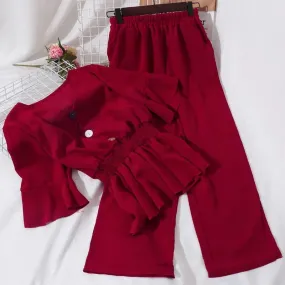New Set Fashionable Women's Summer New V-Neck Waist Fold Top High Waist Slim Wide Leg Pants Two Piece Set S3215892