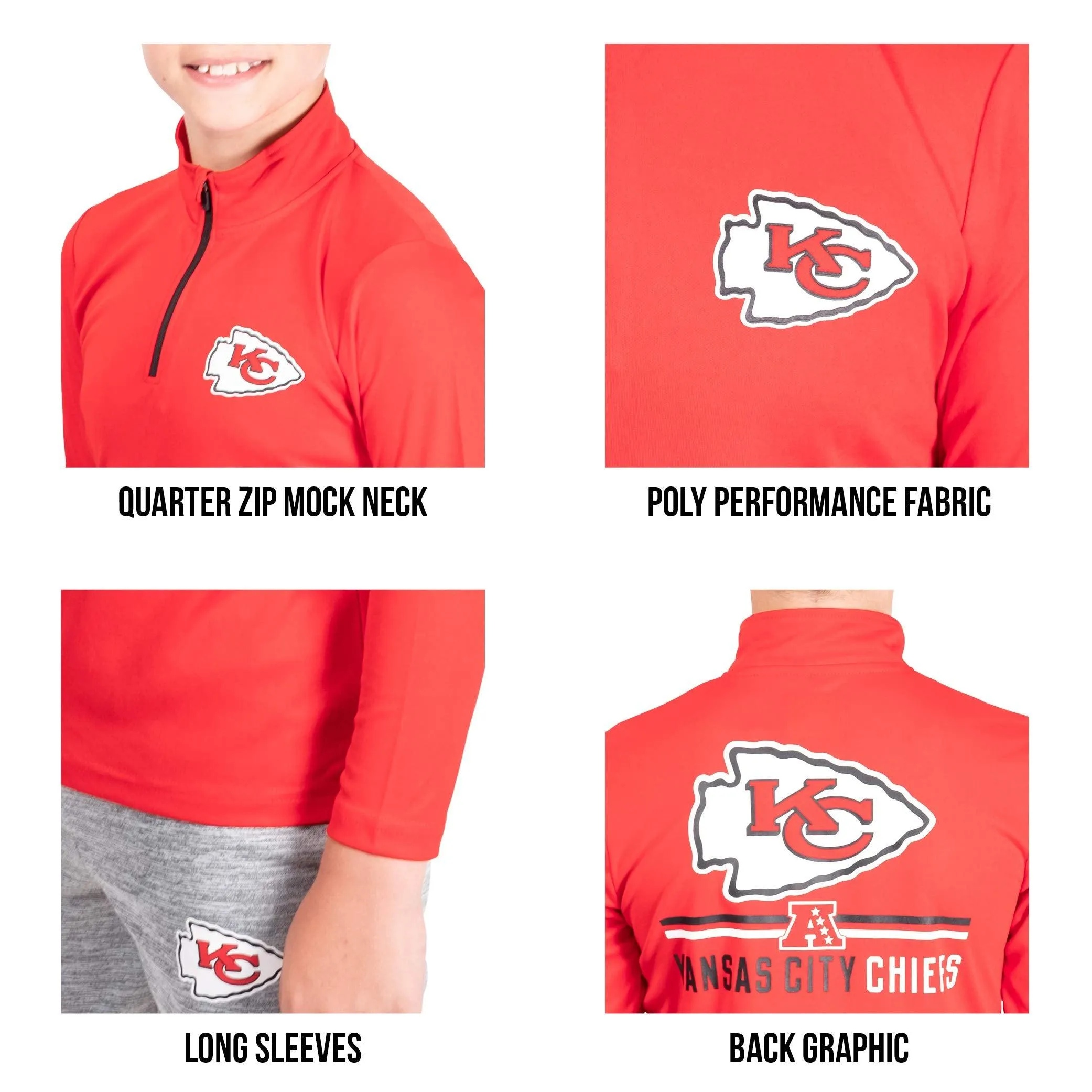 NFL Official Youth Super Soft Quarter Zip Long Sleeve T-Shirt|Kansas City Chiefs