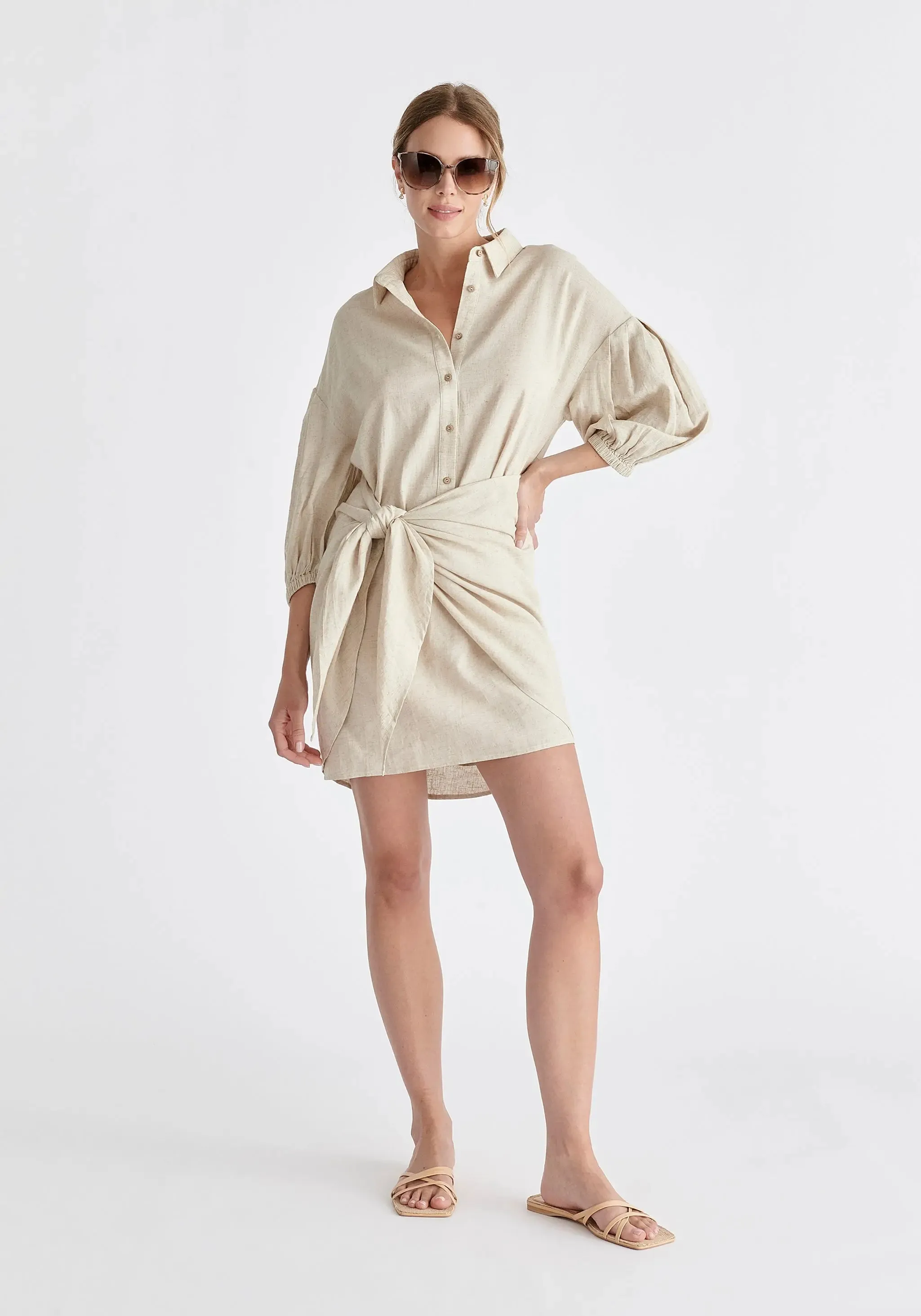 Oatmeal Linen Blend Shirt Dress