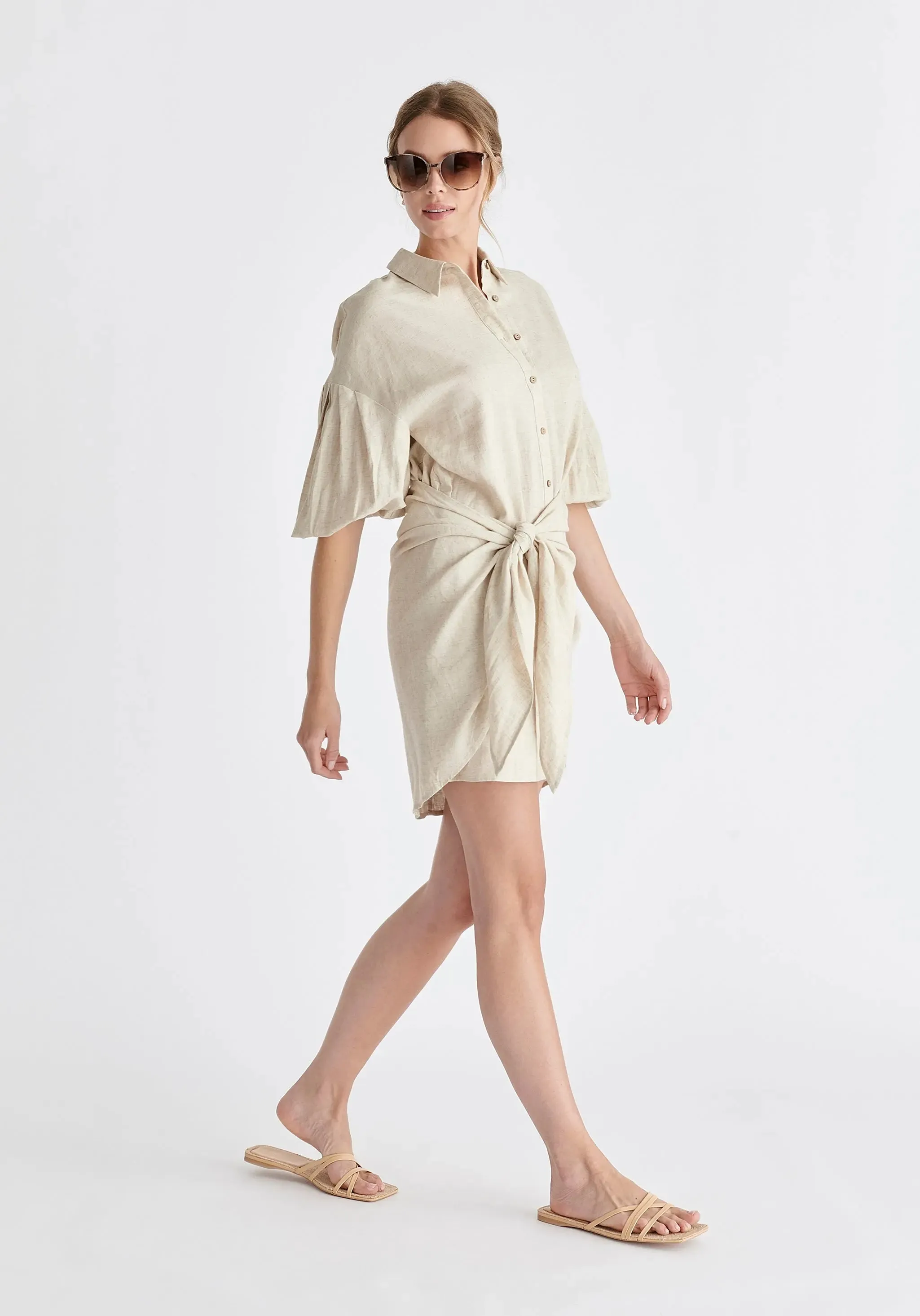 Oatmeal Linen Blend Shirt Dress