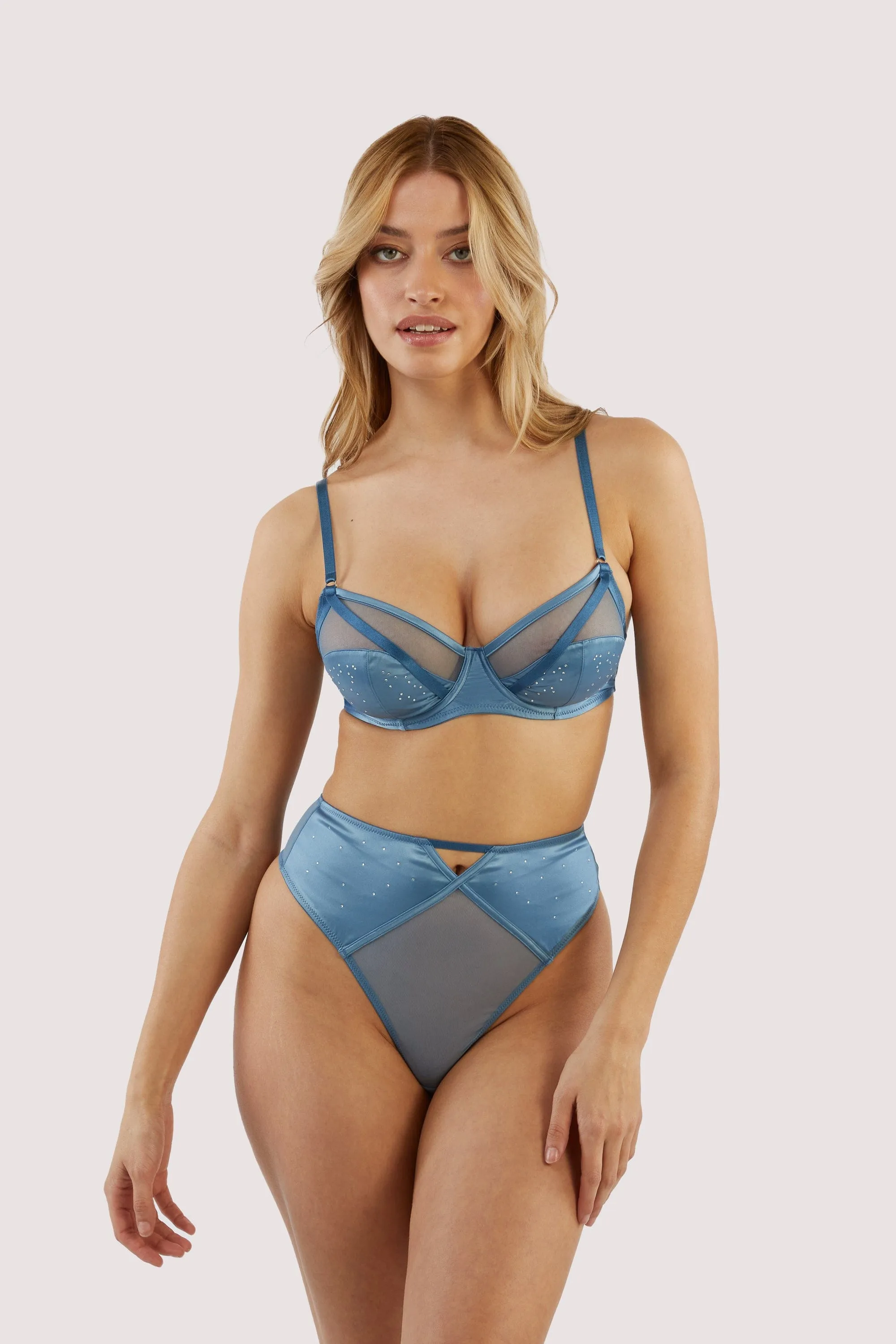 Olympia Storm Grey Diamante Detail High Waist Thong