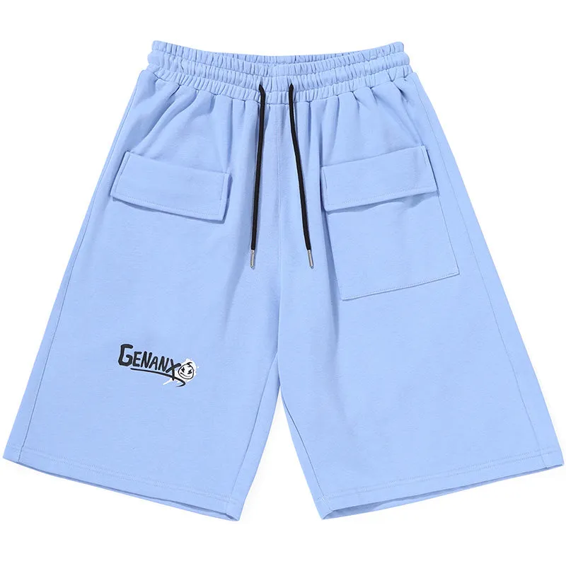 Plain Asymmetric Pocket Print Loose Shorts