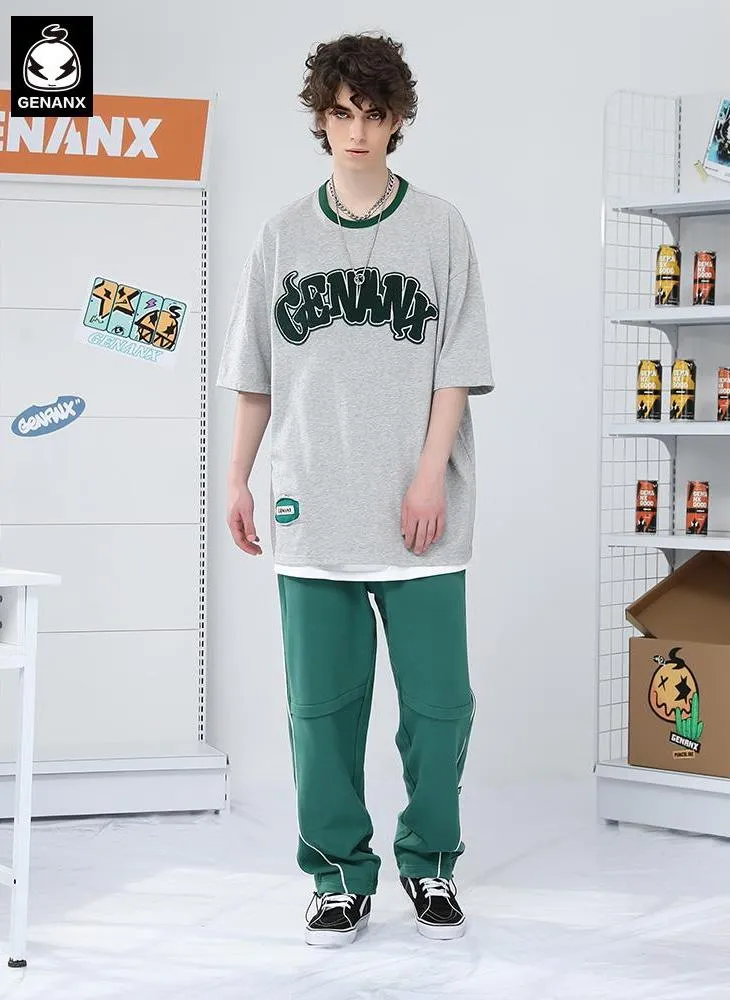 Plain Print Spliced Stripes Loose Casual Pants