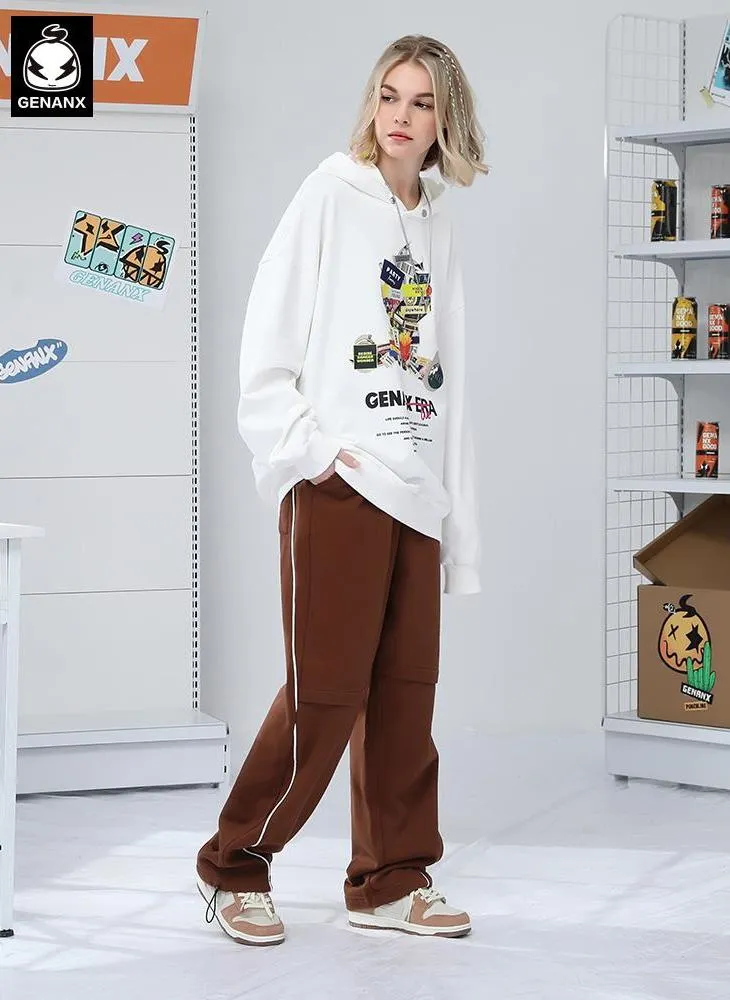 Plain Print Spliced Stripes Loose Casual Pants