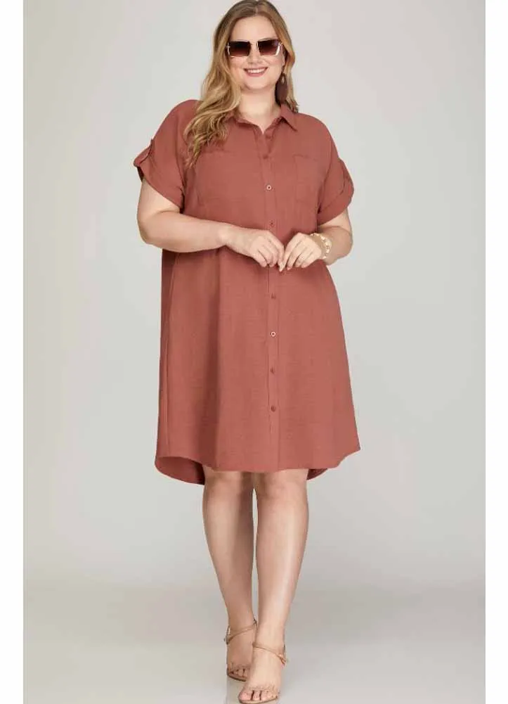 Plus Button Up Woven Shirt Dress in Cinnamon by She   Sky
