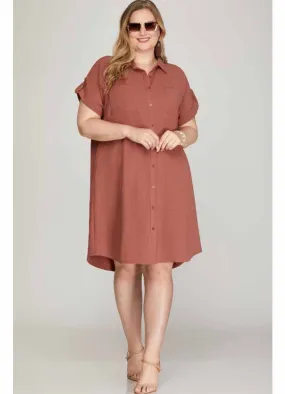 Plus Button Up Woven Shirt Dress in Cinnamon by She   Sky