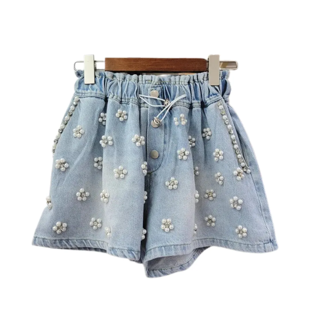 Pre Order:  Flower Diamond Studded High Waist Wide Leg Denim Shorts