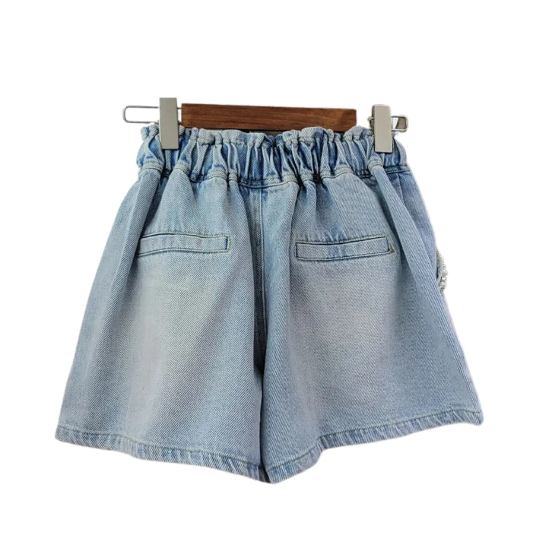 Pre Order:  Flower Diamond Studded High Waist Wide Leg Denim Shorts