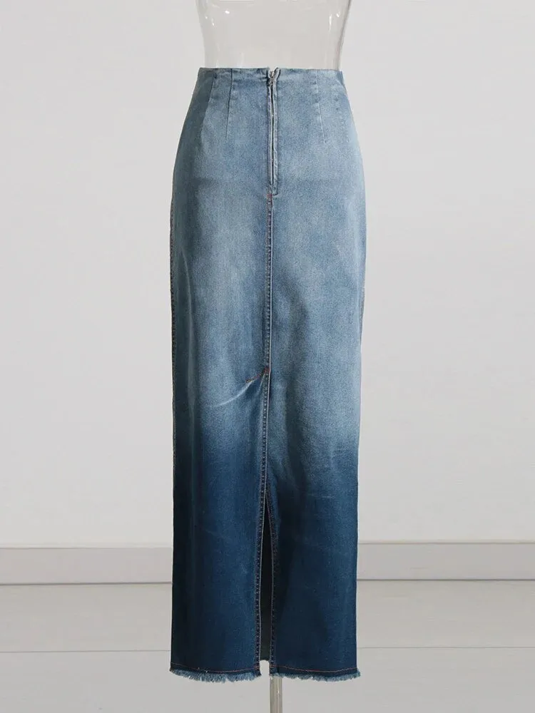 Pre Order:  High Waisted Ombre Denim Skirt