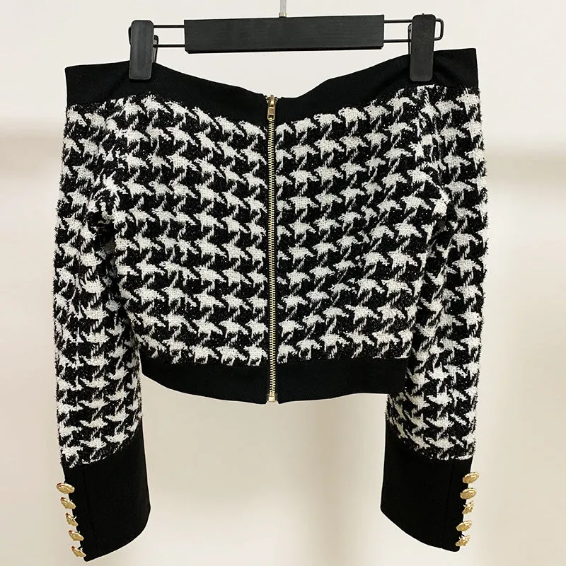 Pristine, Cold Shoulder Houndstooth Five-Button Long Sleeve Top