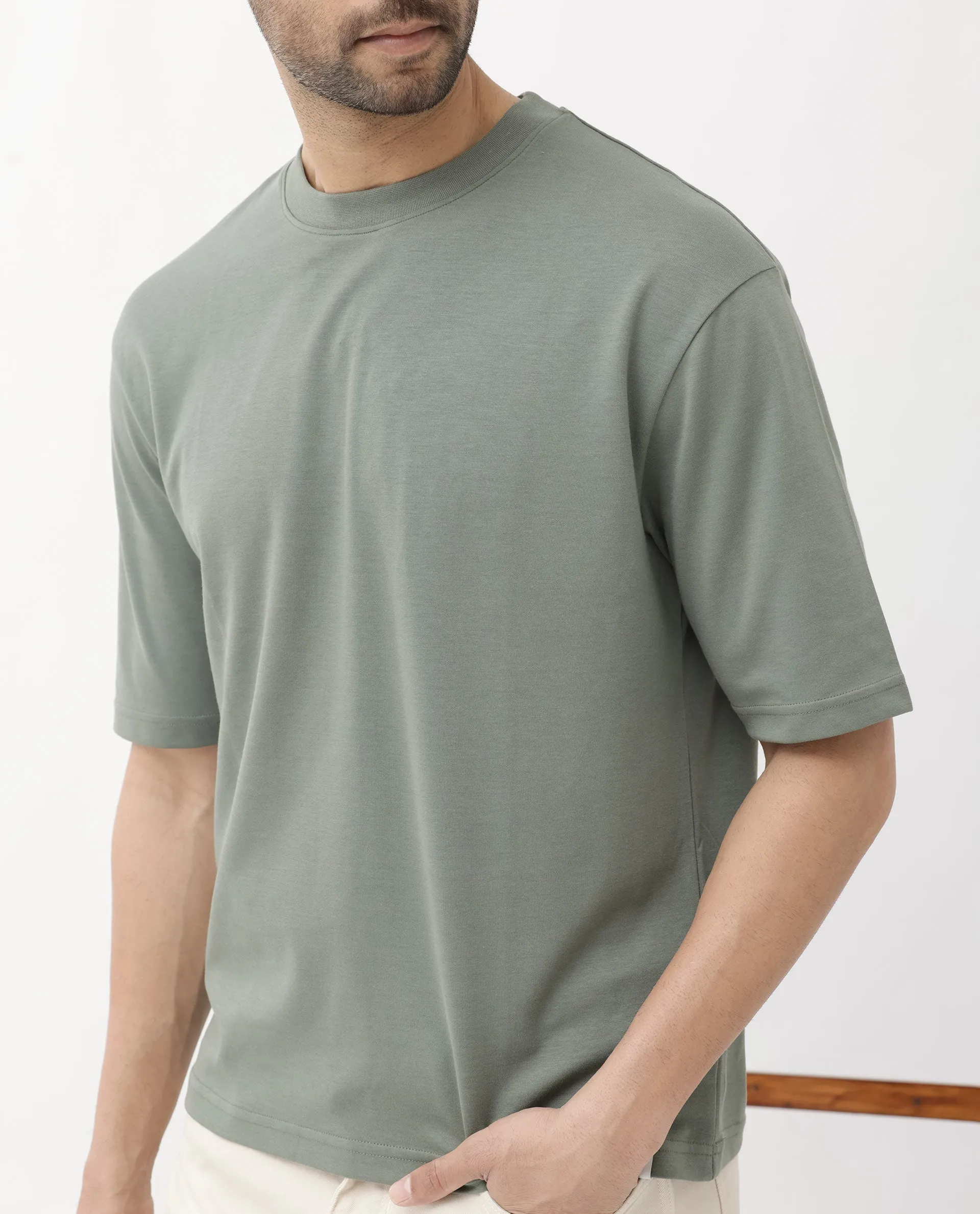 Rare Rabbit Men's Qlo Dusky Olive Cotton Polyester Fabric Short Sleeve Crew Neck Oversized Fit Solid T-Shirt
