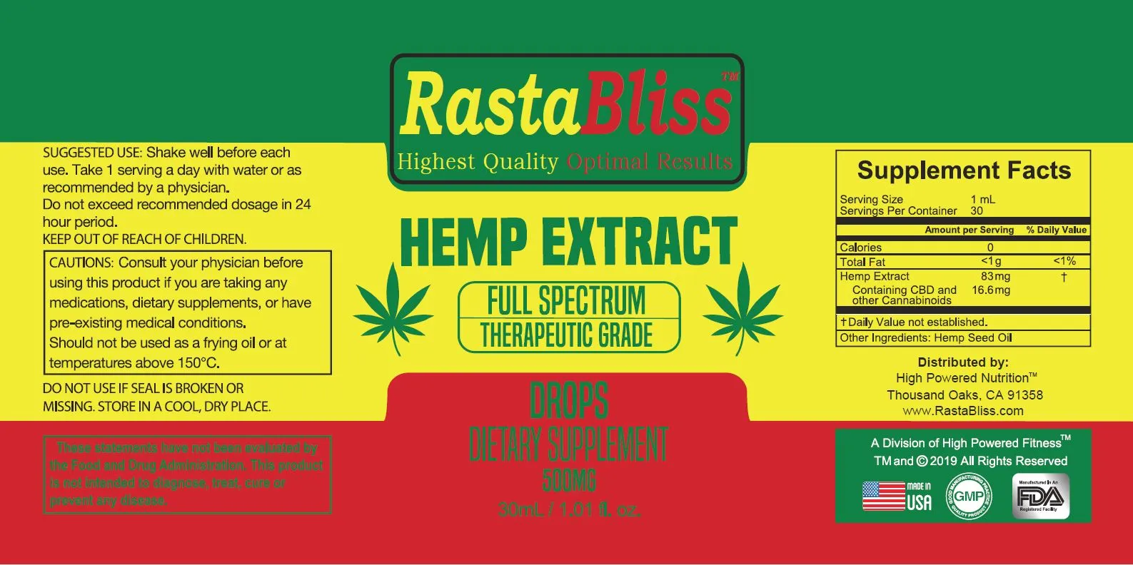 RastaBliss™ CBD Full Spectrum 500mg Tincture Drops Highest Quality Optimal Results™
