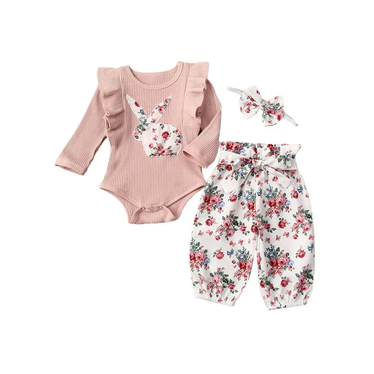 Ribbed Bunny Floral Romper and Bowknot Pants #100074