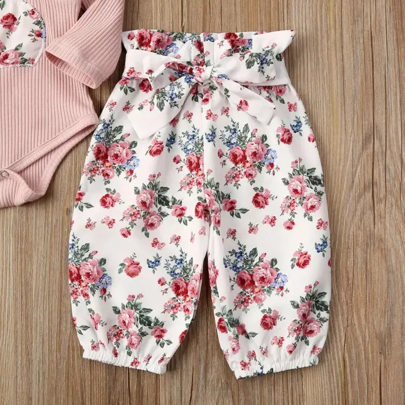 Ribbed Bunny Floral Romper and Bowknot Pants #100074