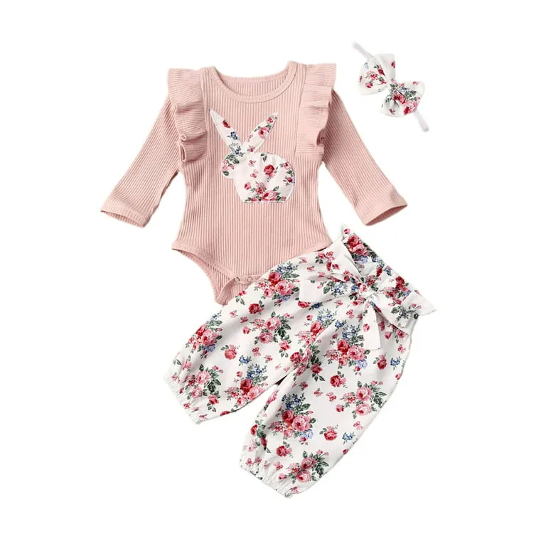Ribbed Bunny Floral Romper and Bowknot Pants #100074