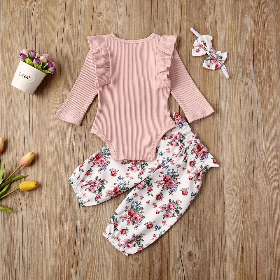 Ribbed Bunny Floral Romper and Bowknot Pants #100074