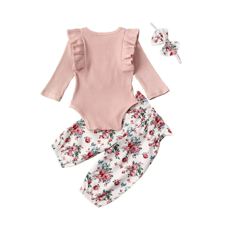 Ribbed Bunny Floral Romper and Bowknot Pants #100074
