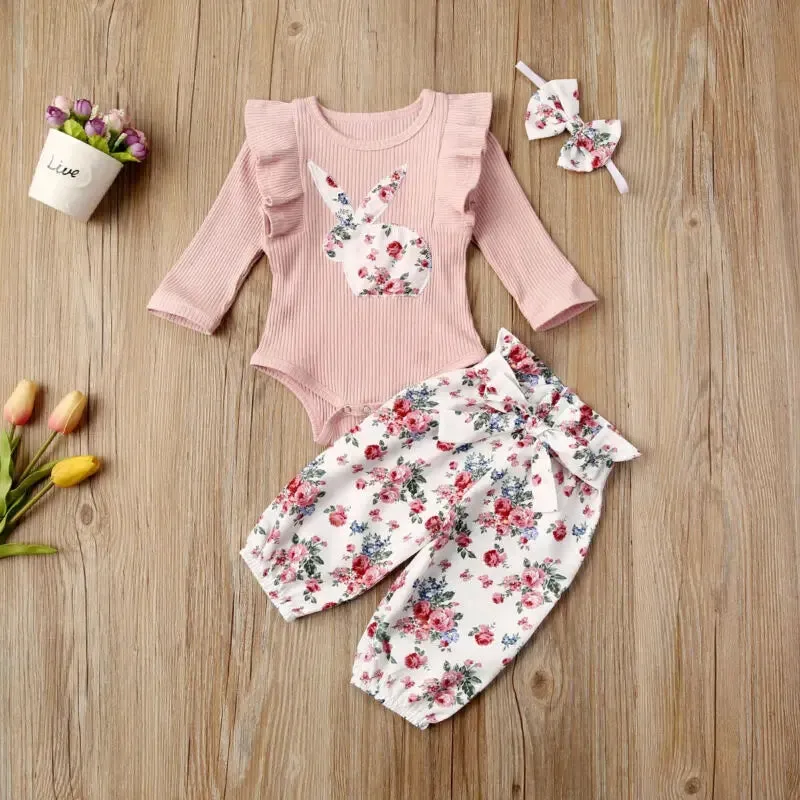 Ribbed Bunny Floral Romper and Bowknot Pants #100074