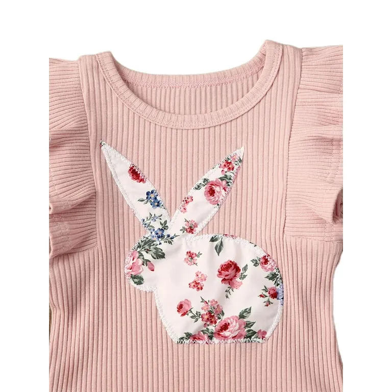 Ribbed Bunny Floral Romper and Bowknot Pants #100074