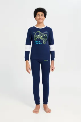 Senior Boys Navy Printed T-Shirt And Pants Pyjama Set (2 Piece)