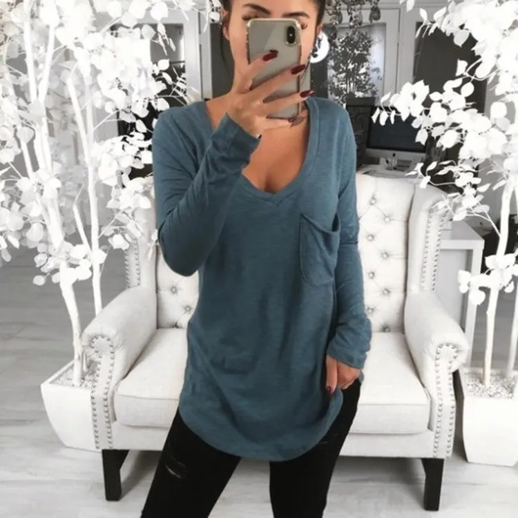 Sexy V-neck Loose Pocket Long Sleeved T Shirt