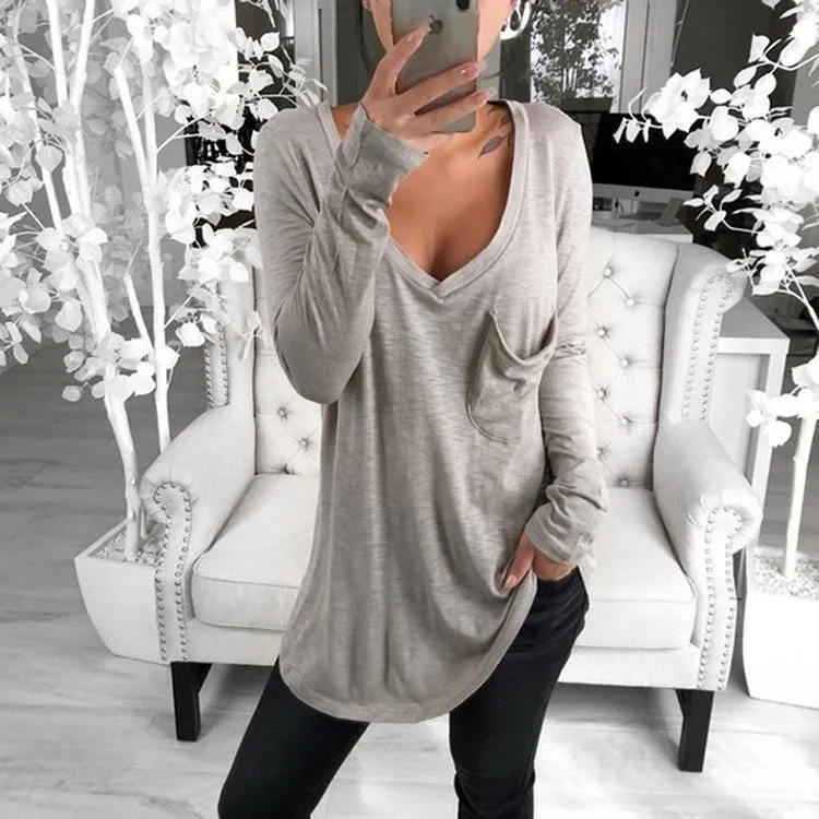 Sexy V-neck Loose Pocket Long Sleeved T Shirt