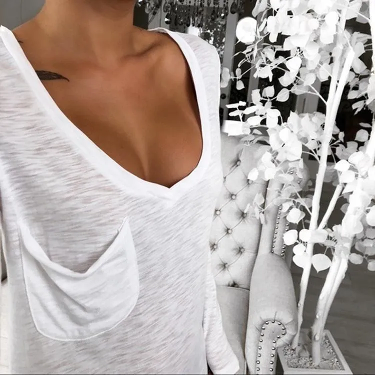 Sexy V-neck Loose Pocket Long Sleeved T Shirt