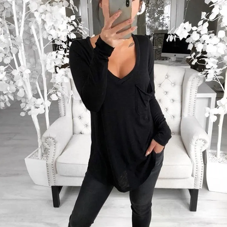 Sexy V-neck Loose Pocket Long Sleeved T Shirt