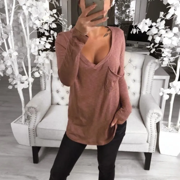 Sexy V-neck Loose Pocket Long Sleeved T Shirt