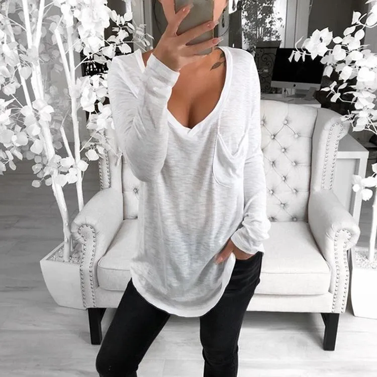 Sexy V-neck Loose Pocket Long Sleeved T Shirt