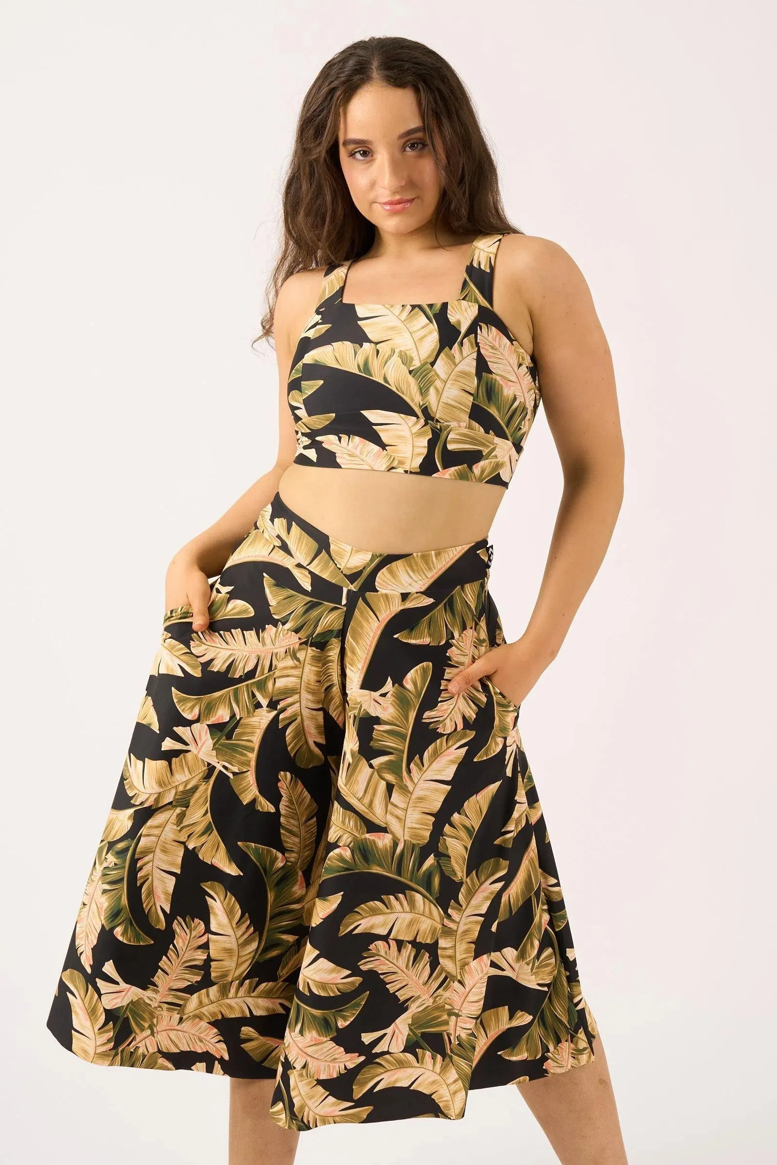Silky Square Neck Comfort Crop Top - Black Tropical Leaf