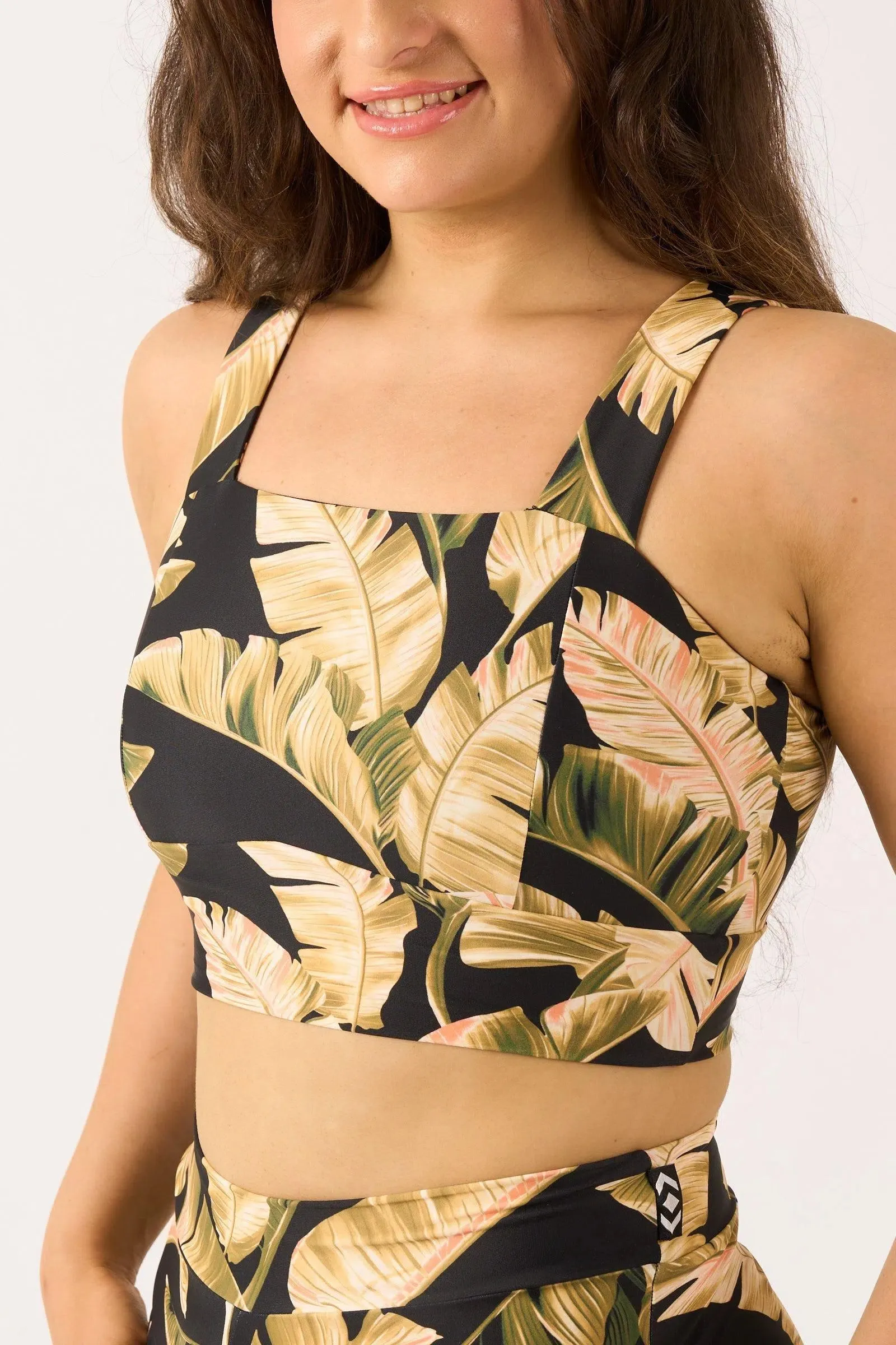 Silky Square Neck Comfort Crop Top - Black Tropical Leaf