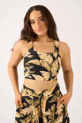 Silky Square Neck Comfort Crop Top - Black Tropical Leaf