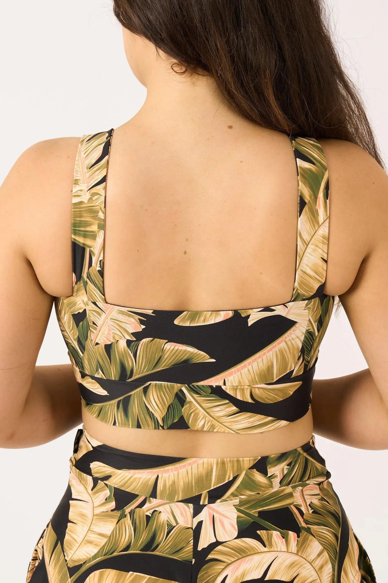 Silky Square Neck Comfort Crop Top - Black Tropical Leaf