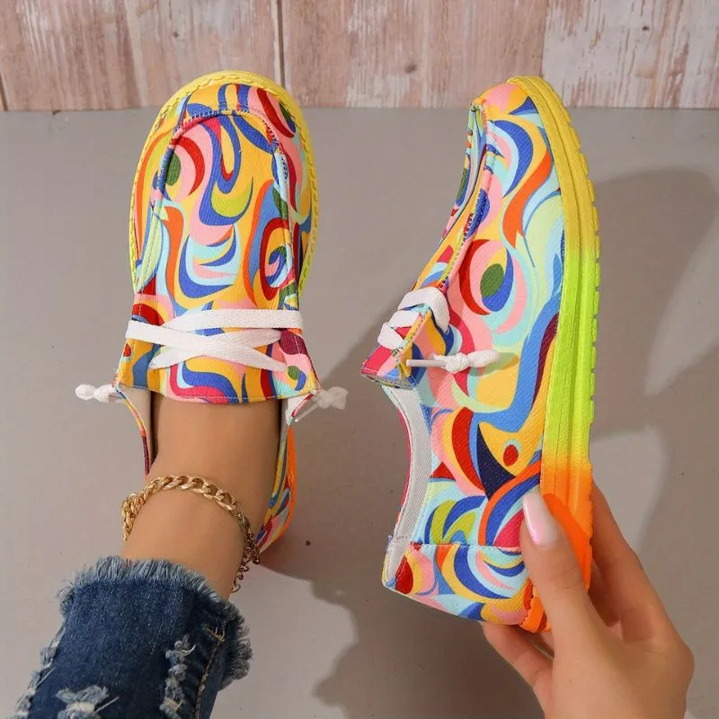 Slip On Shoes Canvas Comfortable Loafers Trendy Lace Up Low Top Colorful Pattern