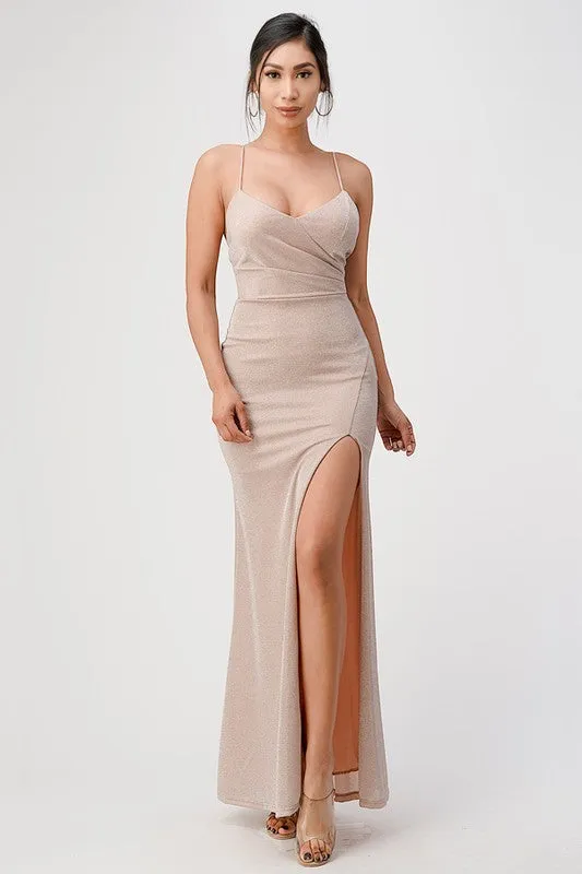 Sparkling knit jacquard side gather spaghetti gown